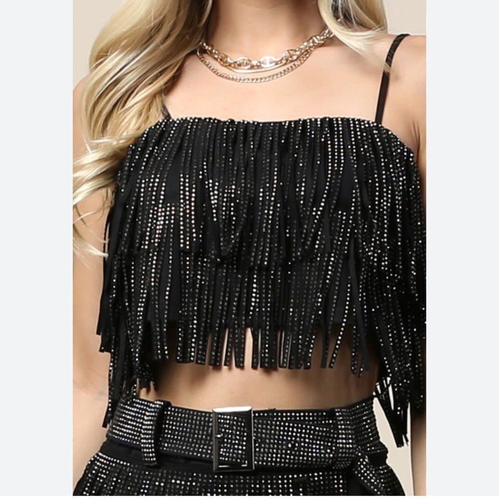 English Factory Faux-Leather Tiered-Fringe Tank Top Size Small